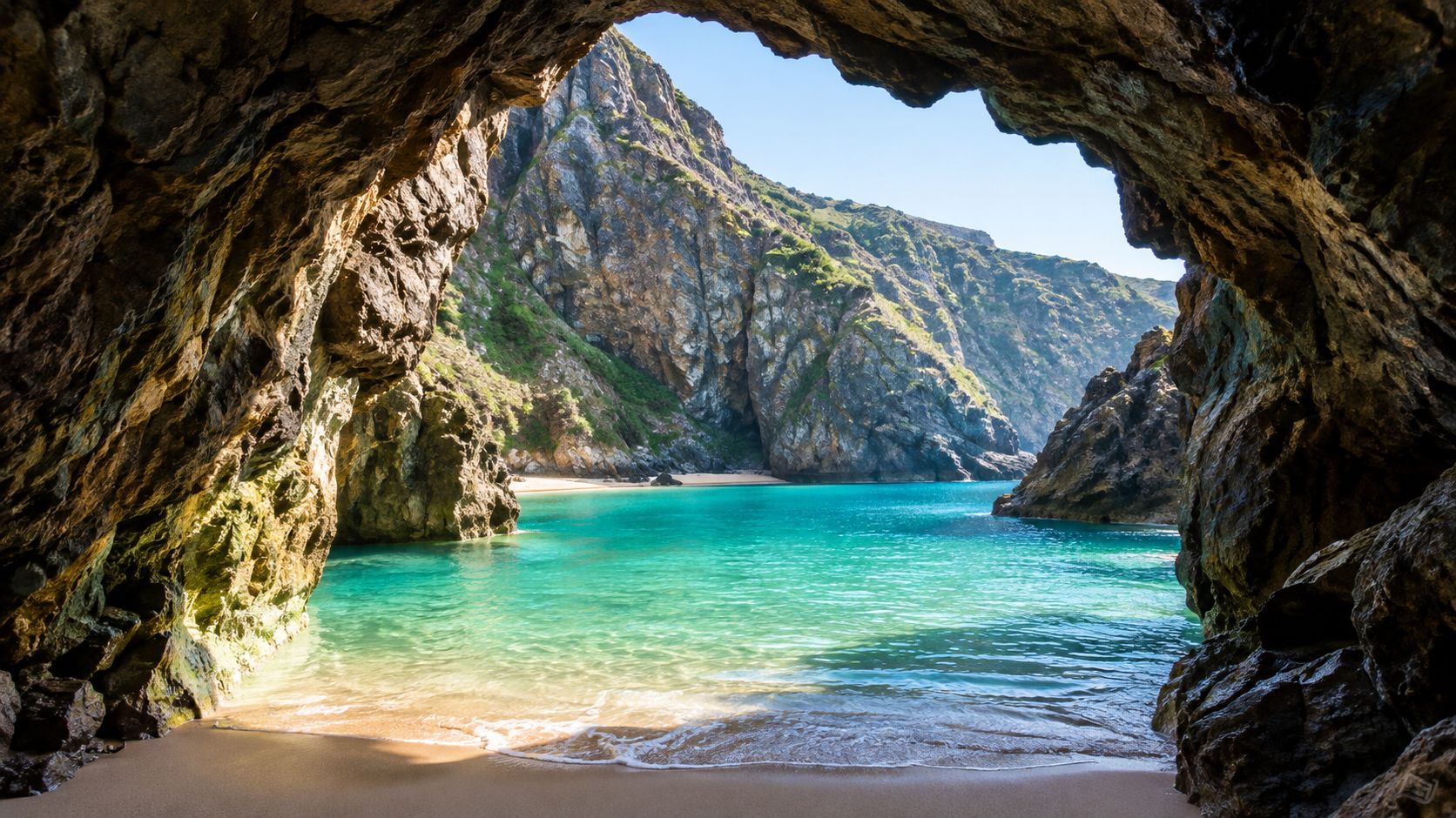 A stunning view of a hidden beach in Galicia seen from inside a dark rocky sea cave.