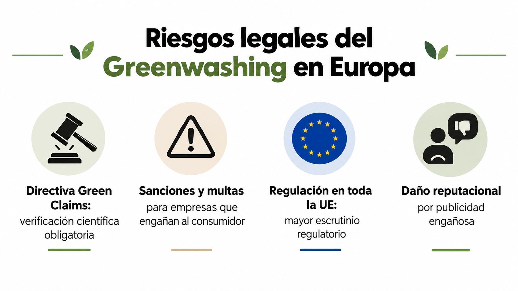 Infografía sobre los riesgos legales del greenwashing en Europa, incluyendo sanciones, regulación y daño reputacional.