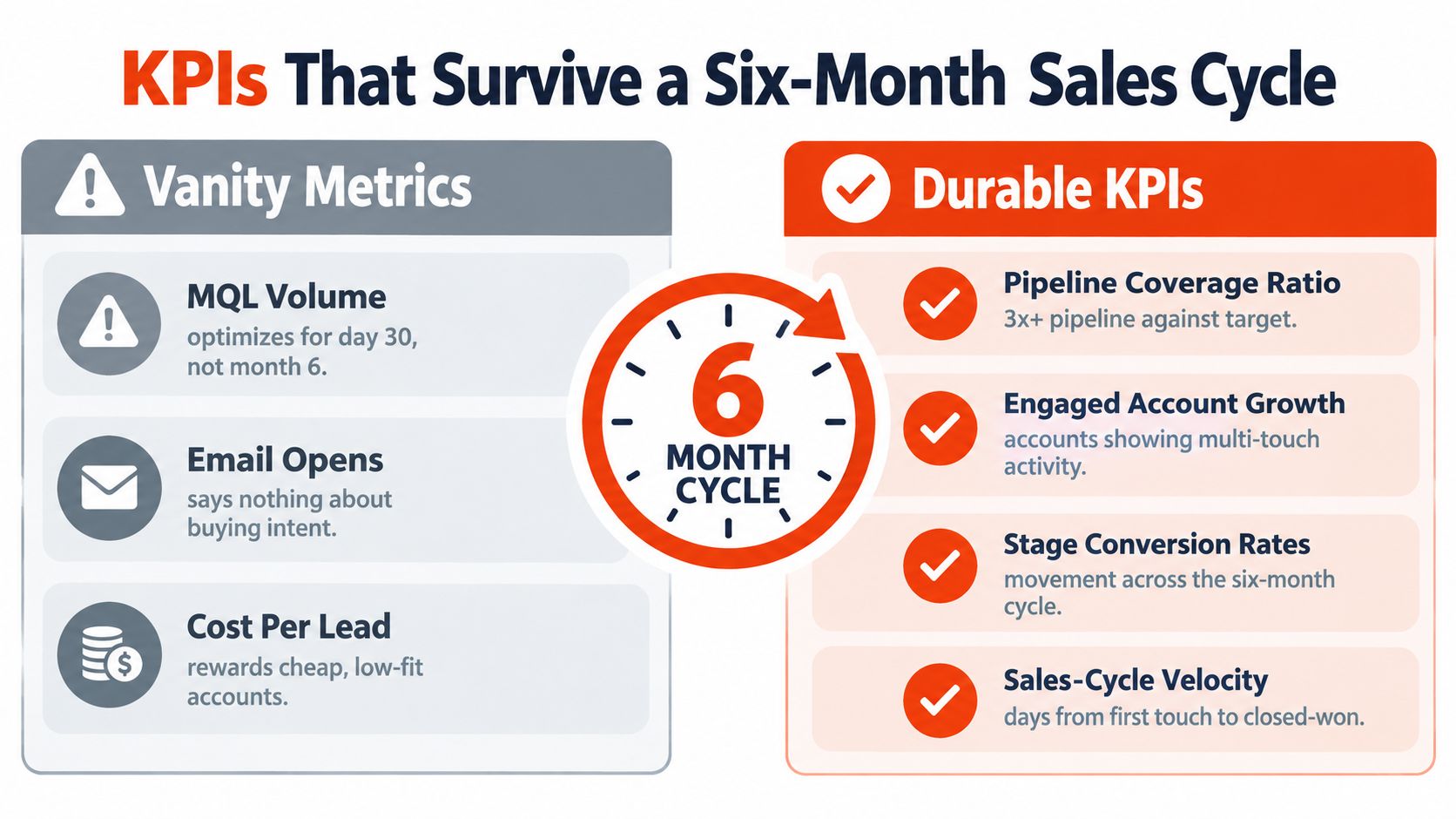 A comparison chart showing vanity metrics versus durable KPIs for a six-month business sales cycle.