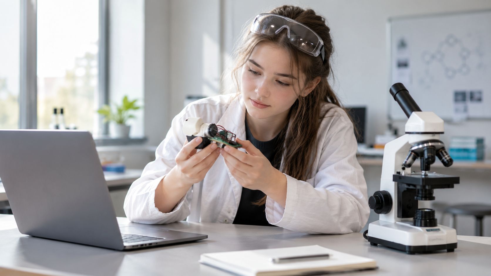Estudiante joven con bata blanca examinando componentes electrónicos en un laboratorio escolar junto a un microscopio.