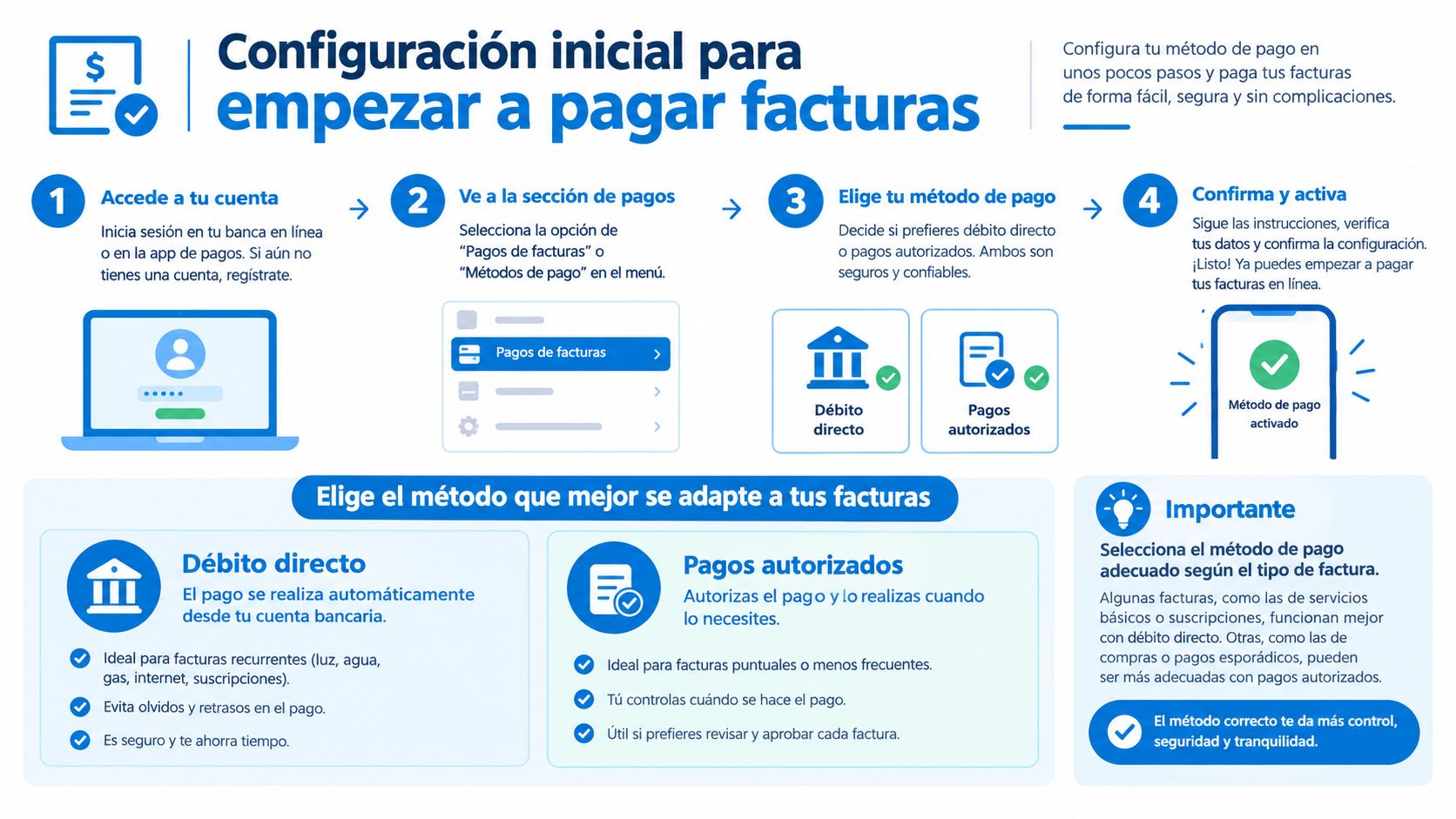 Infografía paso a paso sobre cómo configurar métodos de pago digital para facturas de manera sencilla.