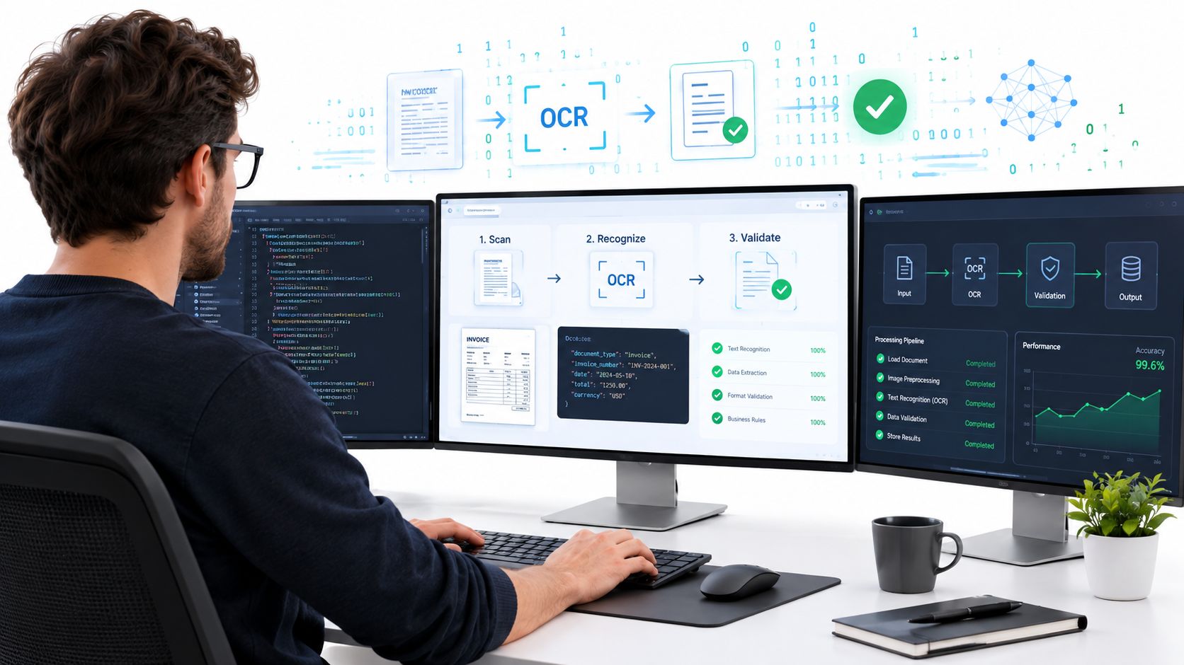 A professional developer sitting at a desk with three monitors, analyzing data extraction and OCR workflow software.