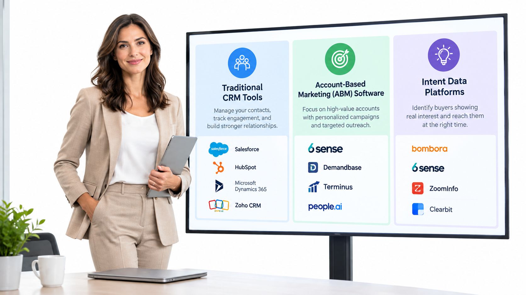 A professional woman presenting business software categories including CRM, ABM tools, and intent data platforms on a screen.
