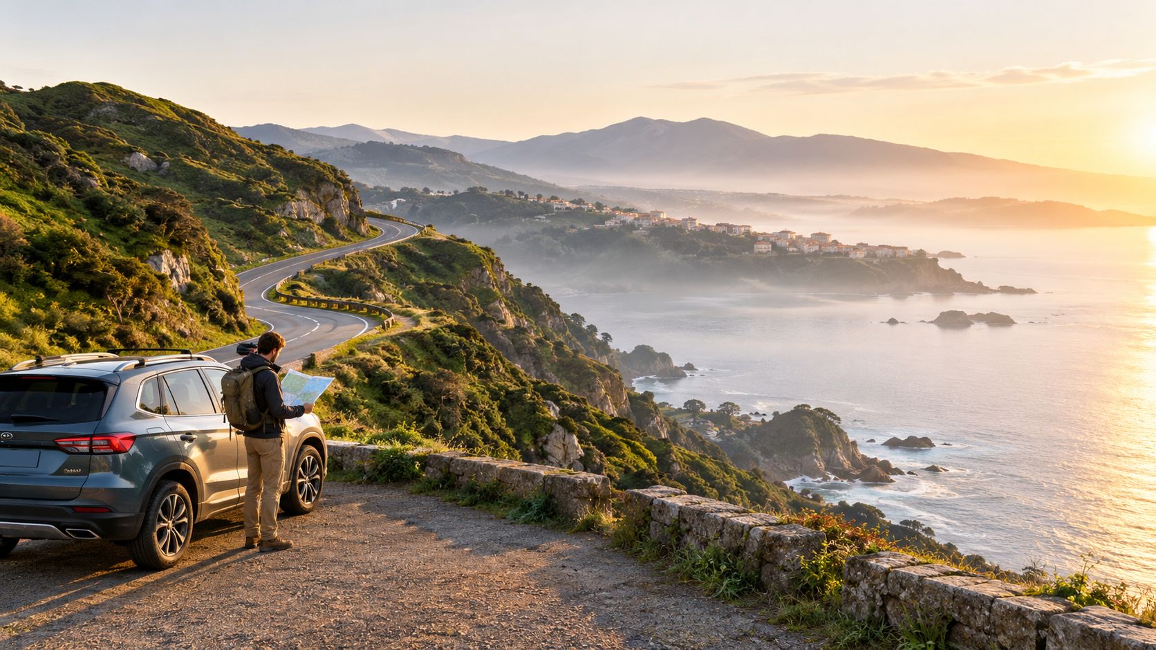 A traveler stops on a coastal road at sunset to check a map near their parked SUV.
