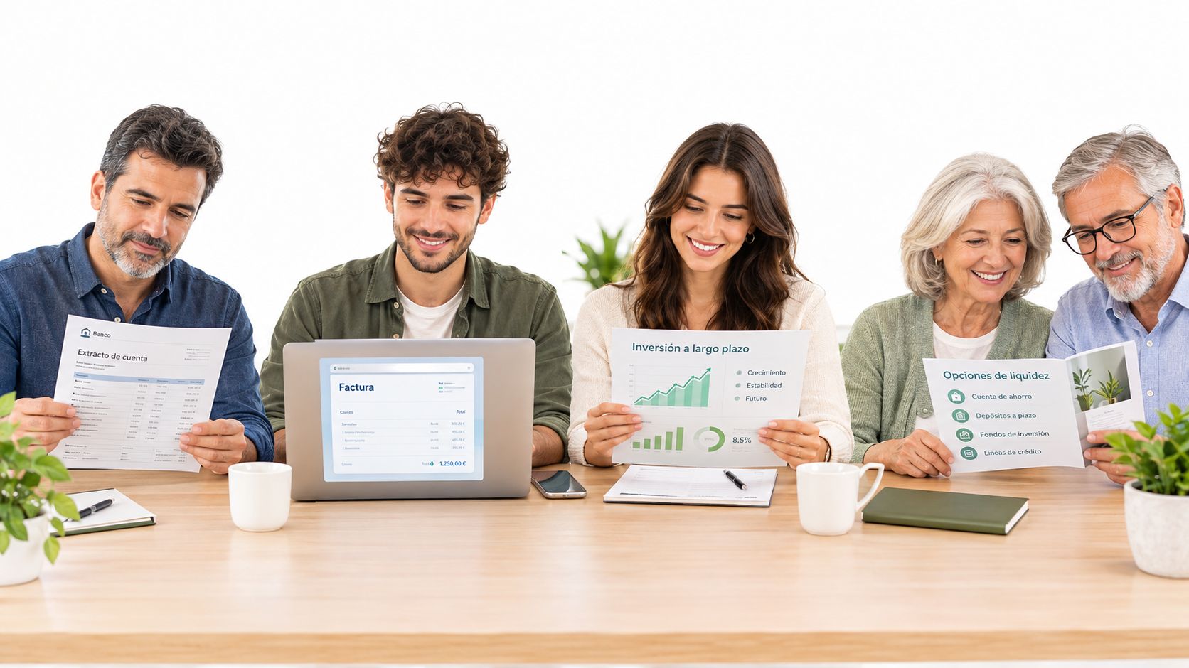 Grupo diverso de personas revisando documentos financieros y una laptop en una oficina luminosa y moderna.