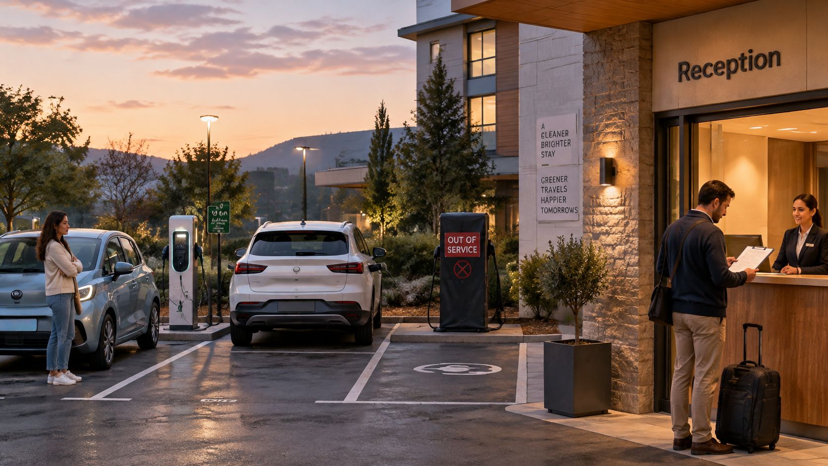 Una mujer y un hombre cargan coches eléctricos en una estación moderna frente a una recepción de hotel.