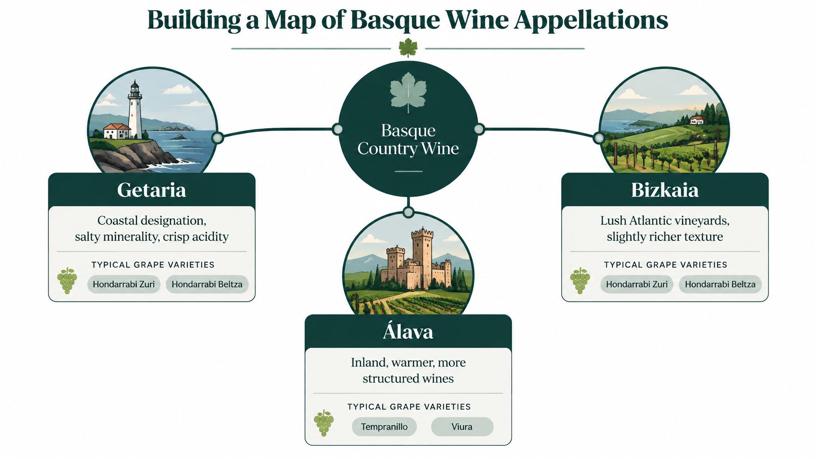A diagram outlining the three main Basque Country wine appellations: Getaria, Bizkaia, and Álava with descriptions.