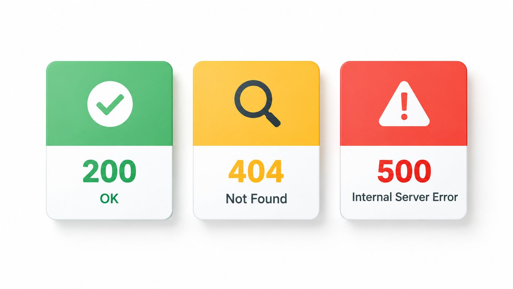 Three colorful cards displaying HTTP status codes 200 OK, 404 Not Found, and 500 Internal Server Error.