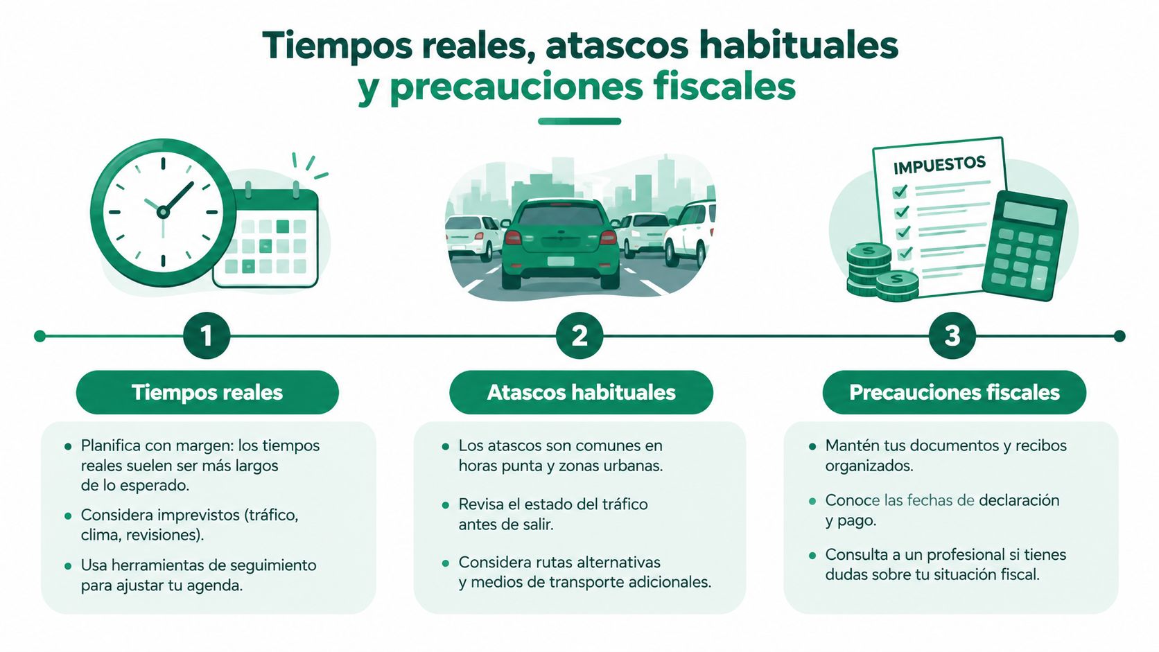 Infografía sobre la planificación de tiempos, gestión del tráfico urbano y consejos para organizar precauciones fiscales personales.