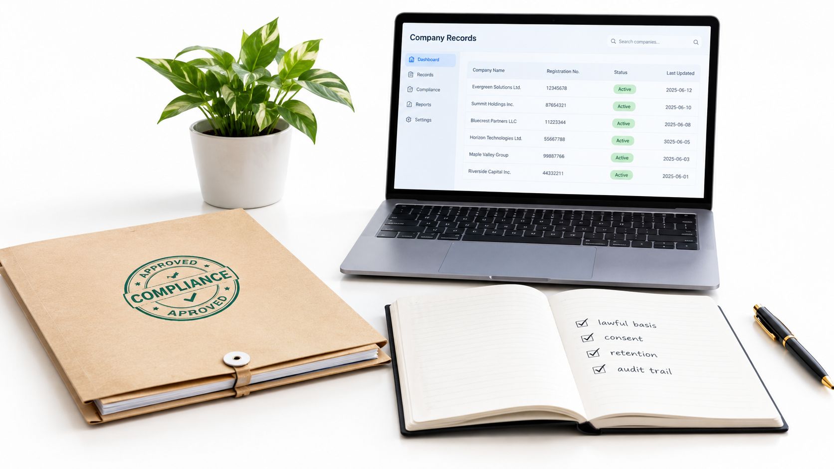 A clean office workspace with a laptop displaying company records, a compliance folder, and an open notebook.