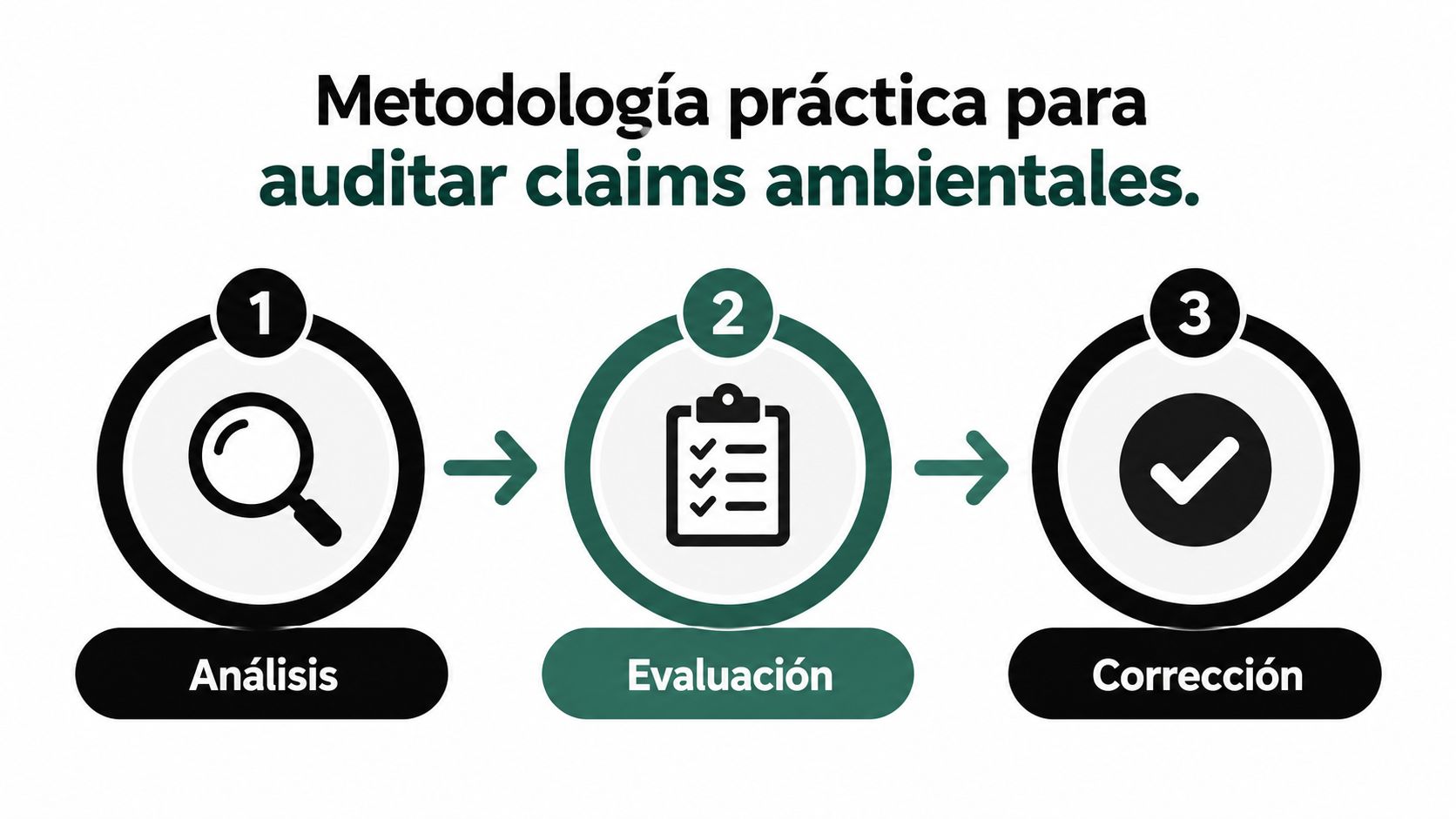 Diagrama de flujo de tres pasos sobre la metodología práctica para auditar claims ambientales en las empresas.