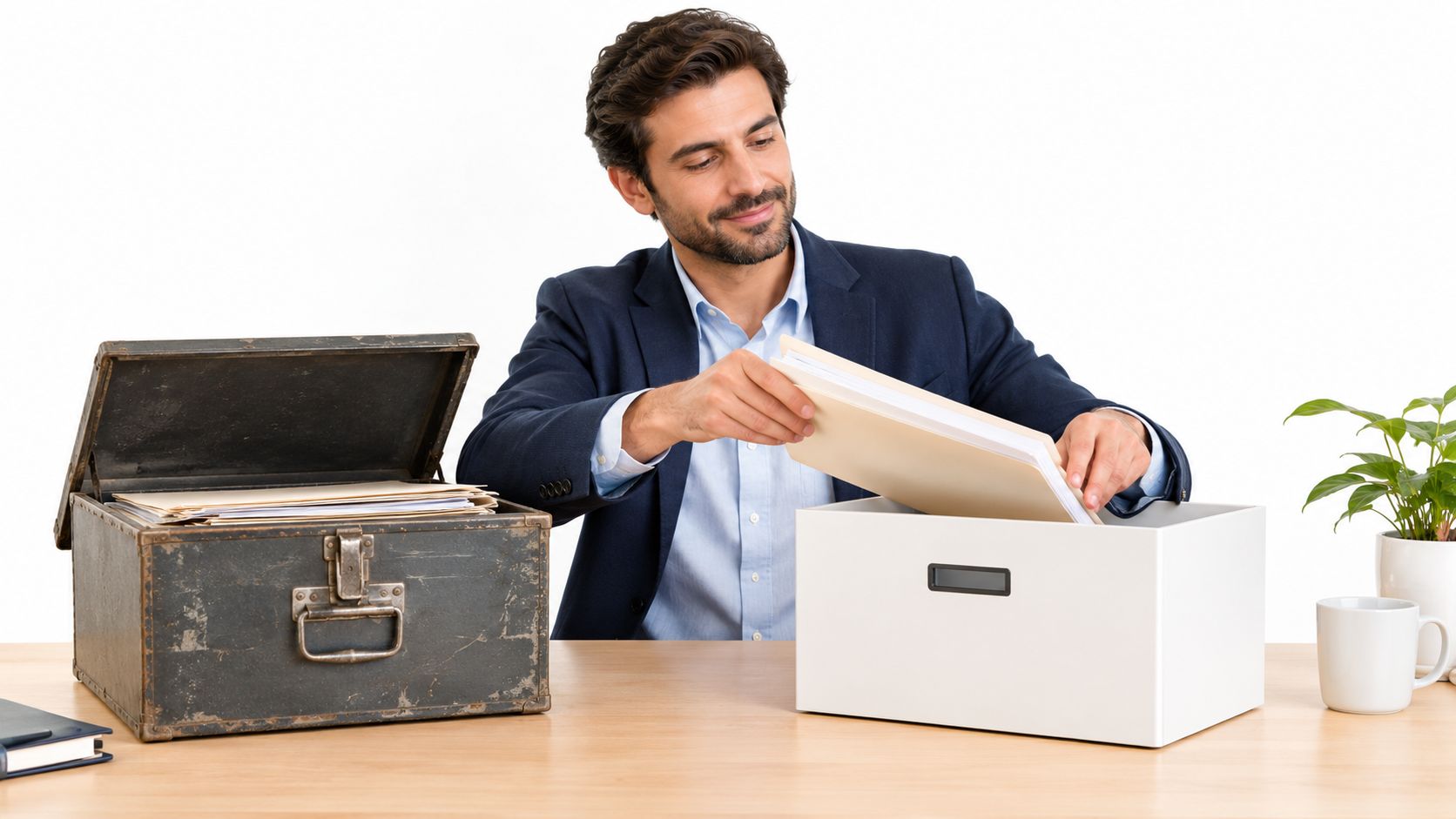 Un hombre de negocios organizando archivos en cajas de almacenamiento en su escritorio de oficina.