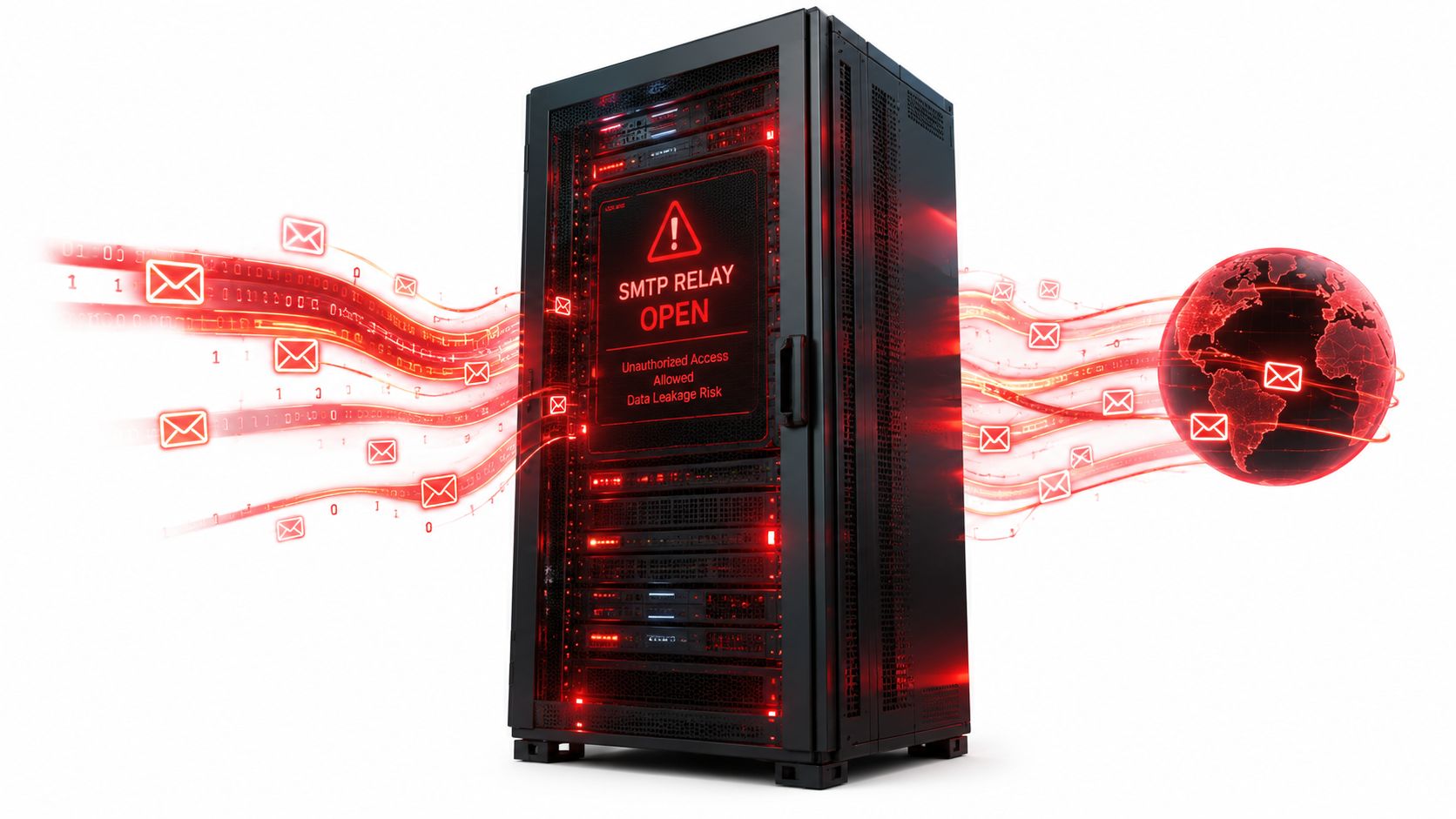 A server rack with an open SMTP relay warning, glowing red, sending data packets to a globe.