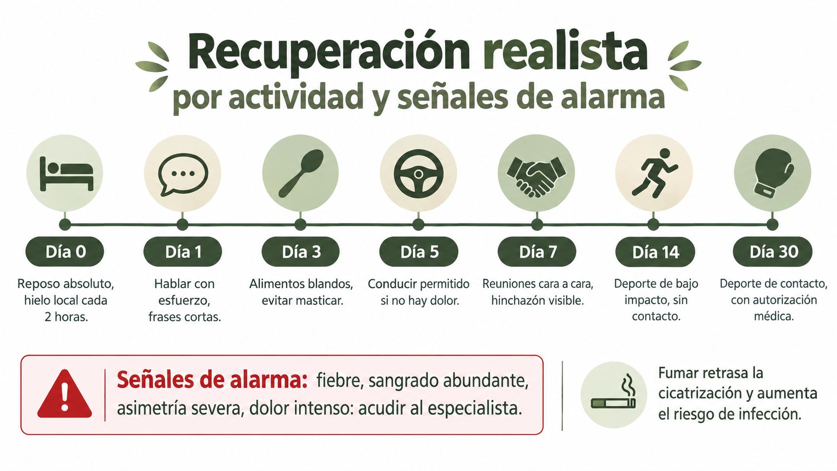 Infografía sobre el proceso de recuperación postoperatoria tras una bichectomía detallando cuidados por día y señales alarma.