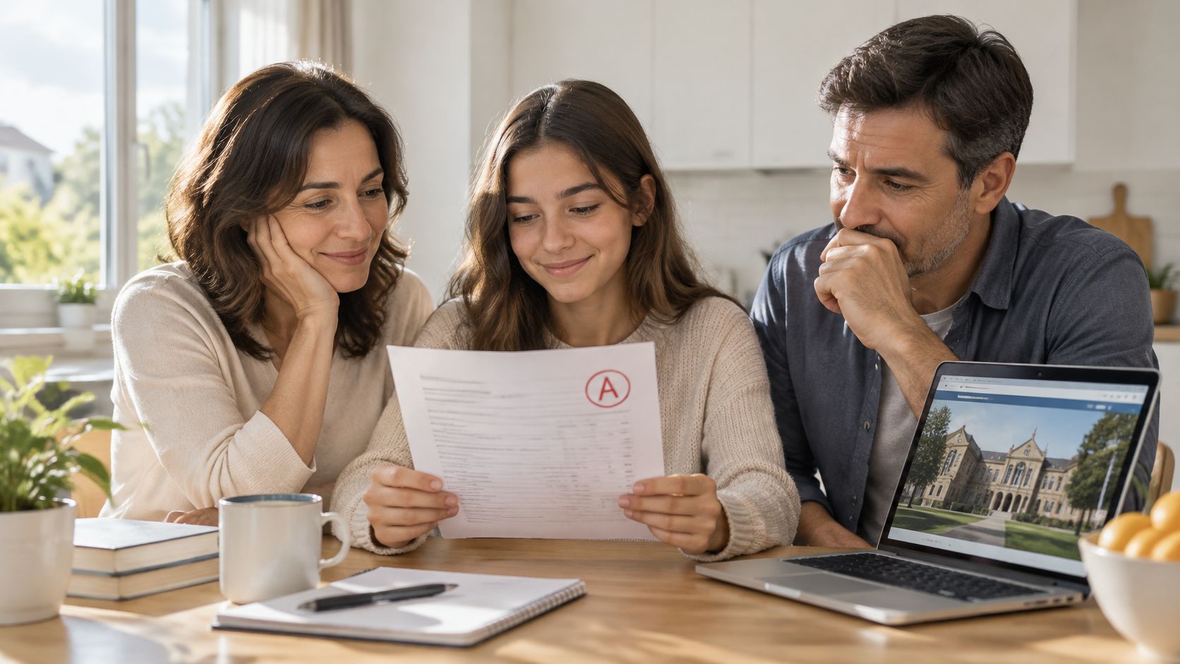 Una familia feliz celebra las excelentes calificaciones de su hija mientras revisan información sobre una universidad prestigiosa.