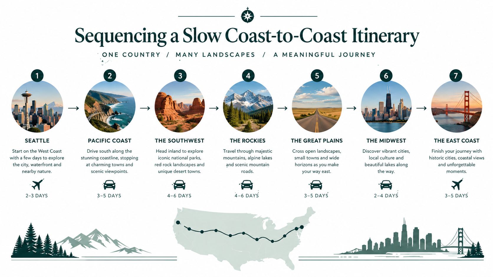 A travel infographic showing a seven-step slow coast-to-coast itinerary across the United States of America.