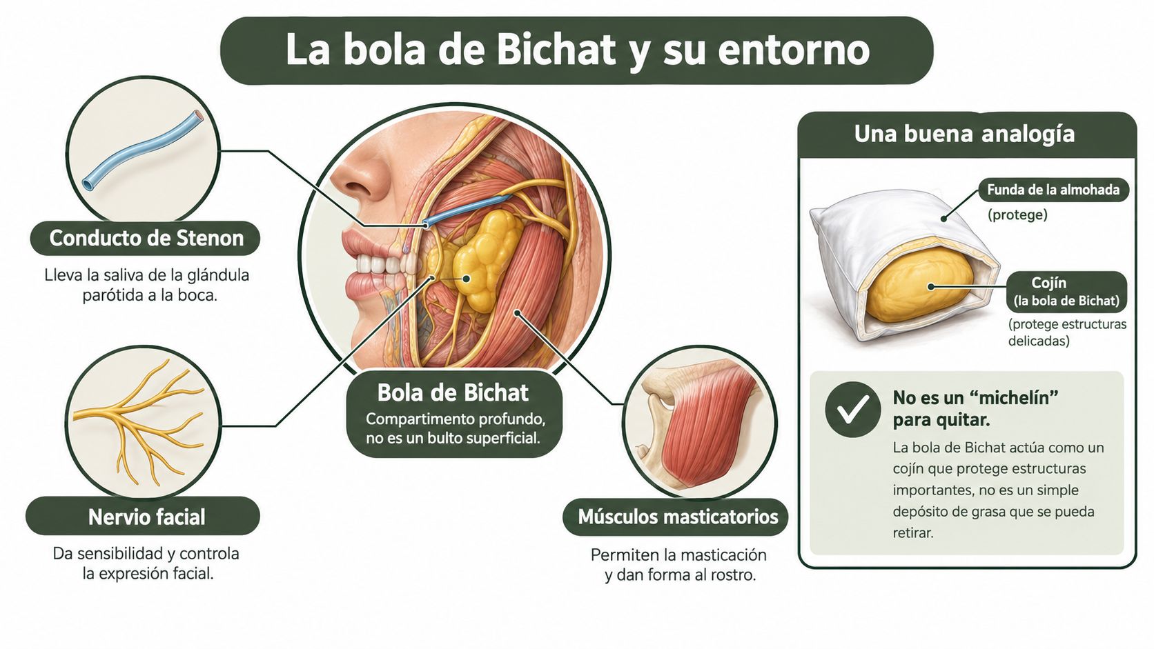 Diagrama anatómico educativo que explica la función y ubicación de la bola de Bichat en el rostro humano.