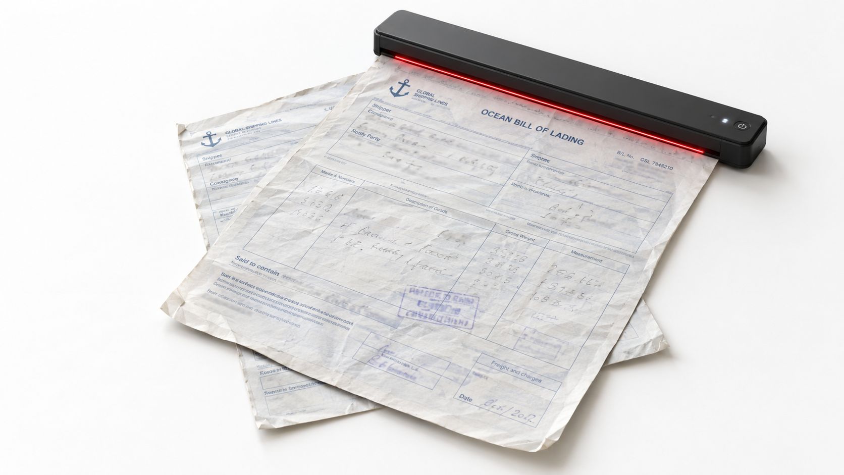 A portable hand-held document scanner scanning an official Ocean Bill of Lading paper form on a white surface.