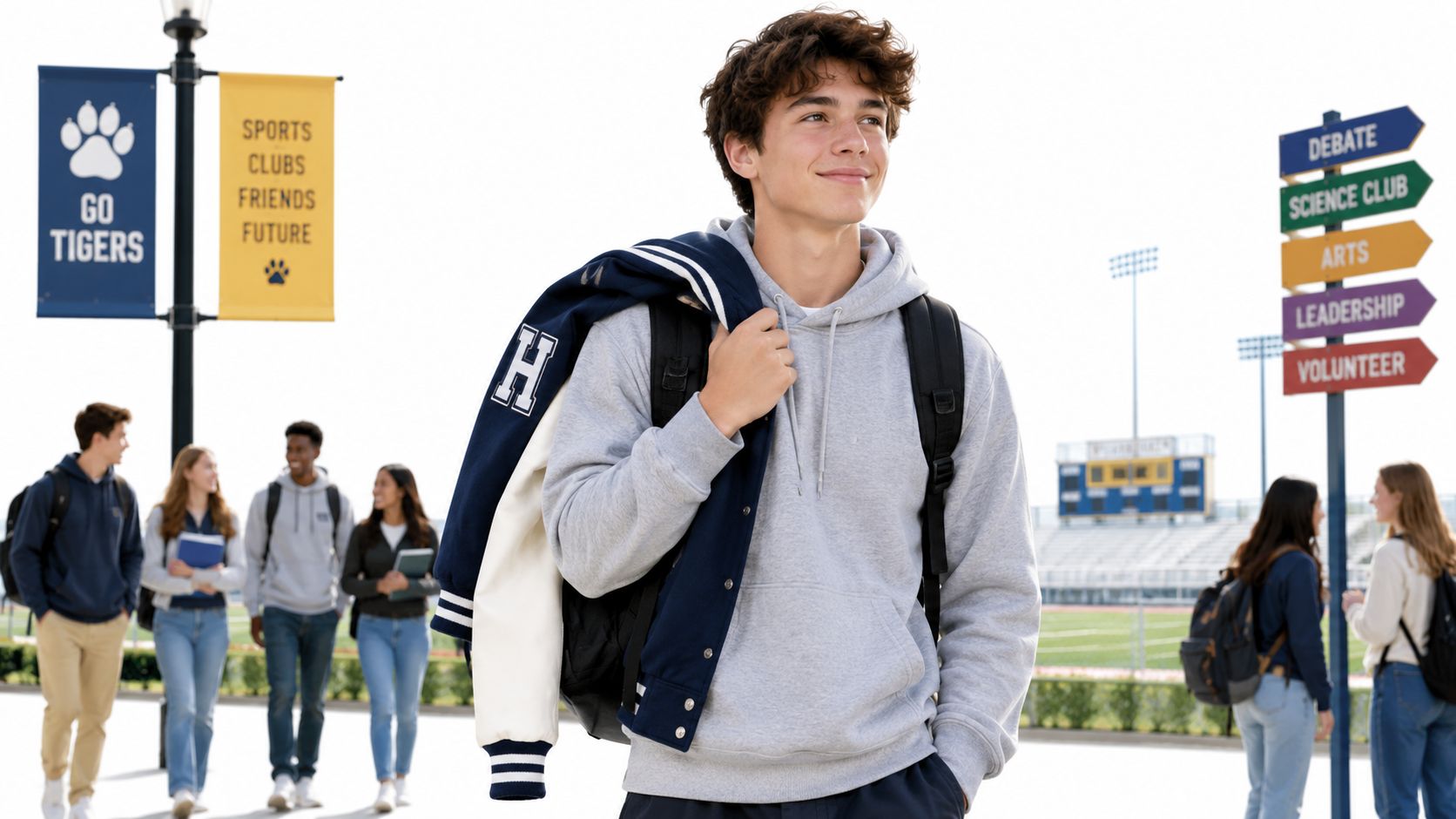 Estudiante joven sonriente caminando por el campus universitario con amigos cerca de carteles escolares informativos.