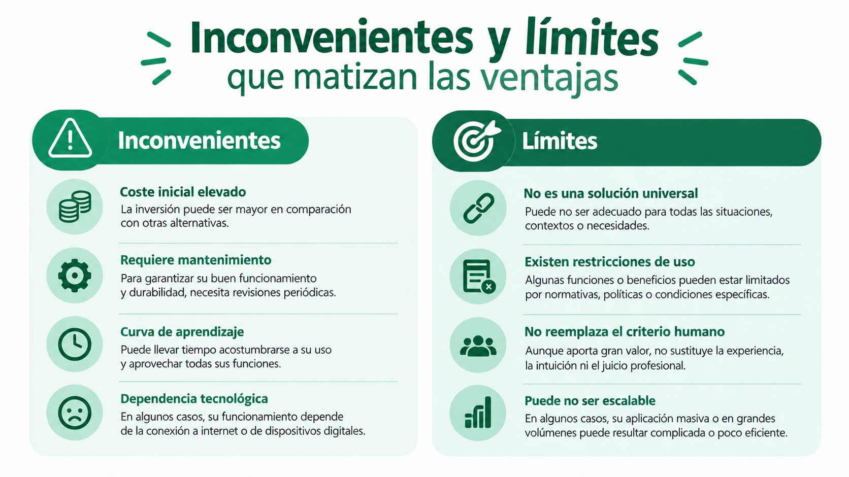 Infografía que muestra los inconvenientes y límites que matizan las ventajas de implementar nuevas soluciones tecnológicas.
