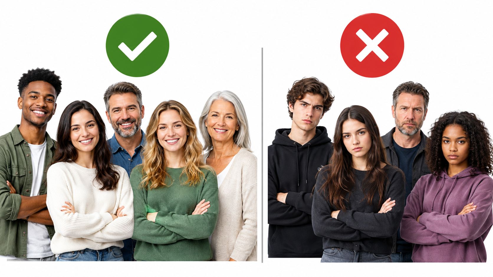 Grupo de personas felices con sonrisas comparado con otro grupo de personas con expresiones serias y molestas.