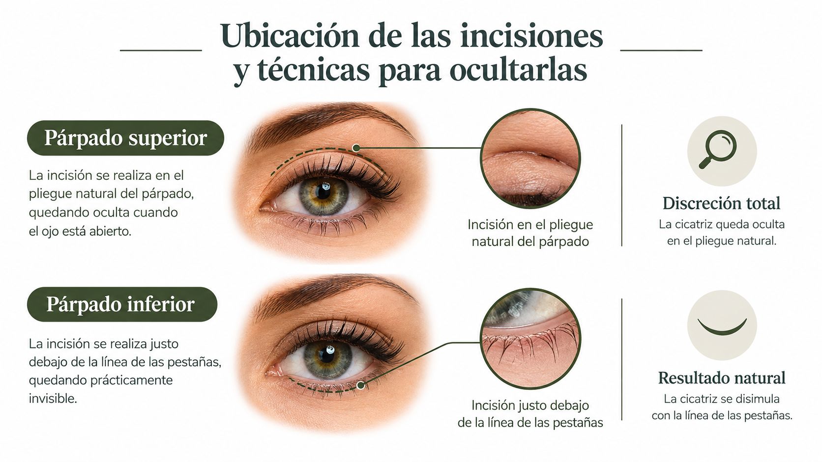 Diagrama médico que muestra la ubicación de las incisiones para una blefaroplastia en los párpados superior e inferior.