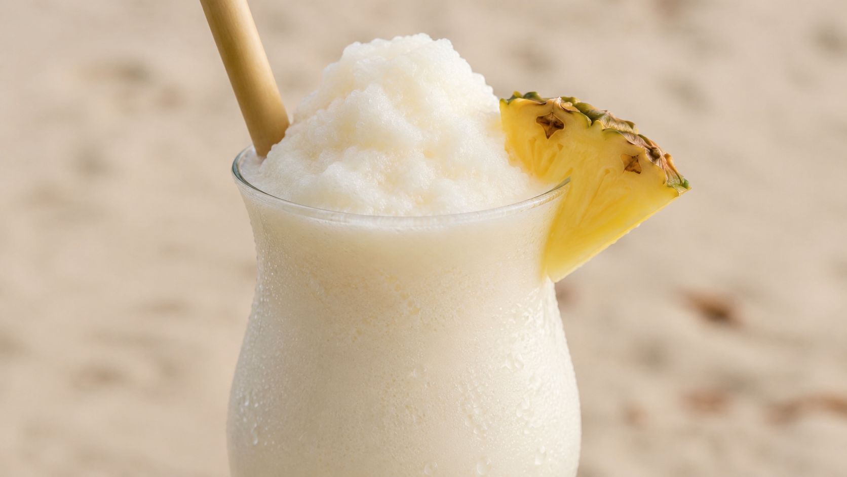 Un cóctel cremoso de piña colada decorado con una rodaja de piña fresca y una pajita natural.