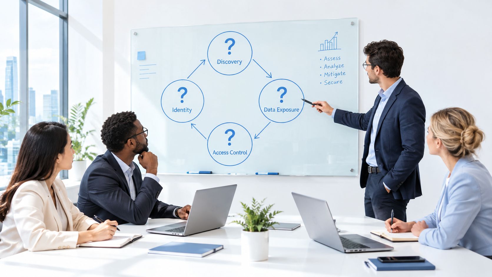 A professional business team listening to a presenter explain a security workflow chart on a whiteboard.