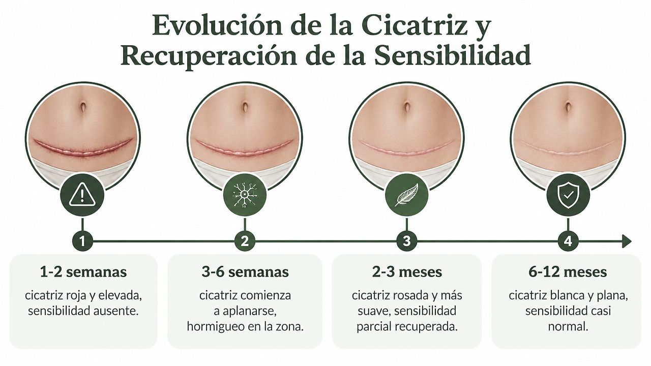 Infografía mostrando la evolución de una cicatriz de abdominoplastia y la recuperación de la sensibilidad cutánea.