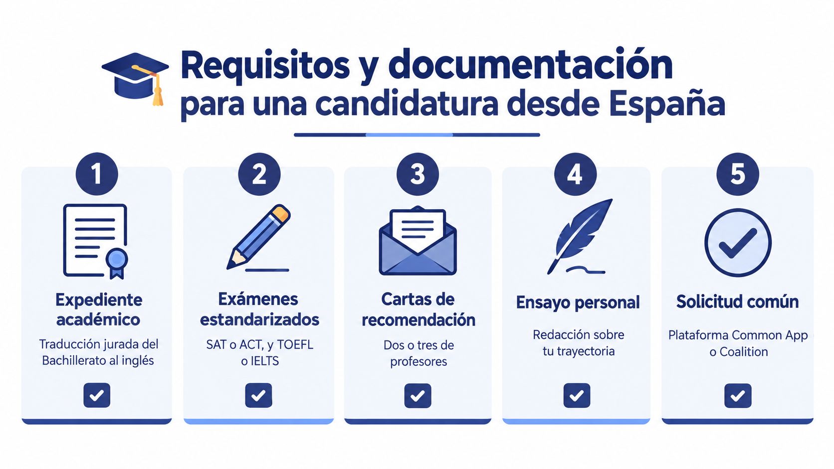 Infografía sobre requisitos y documentación académica necesaria para solicitar acceso a universidades desde España.
