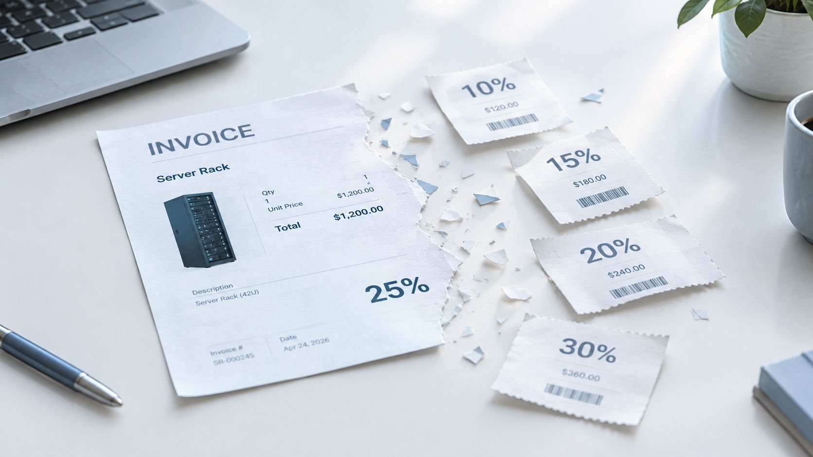 A torn invoice for a server rack lying on a desk with various discount percentage cutouts nearby.