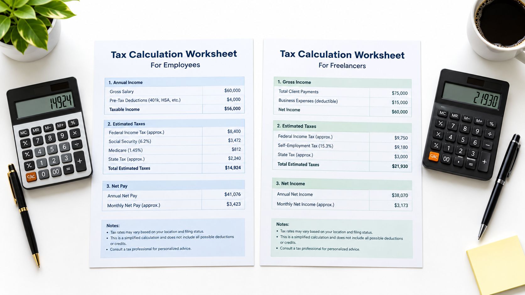 Hojas de cálculo de impuestos para empleados y trabajadores independientes sobre un escritorio con calculadoras y café.