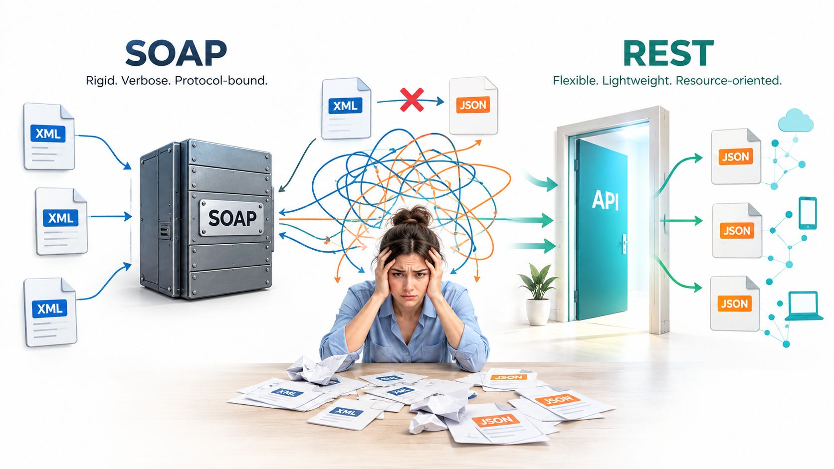 A person feeling overwhelmed by complex SOAP web services transitioning to a simplified REST API architecture.
