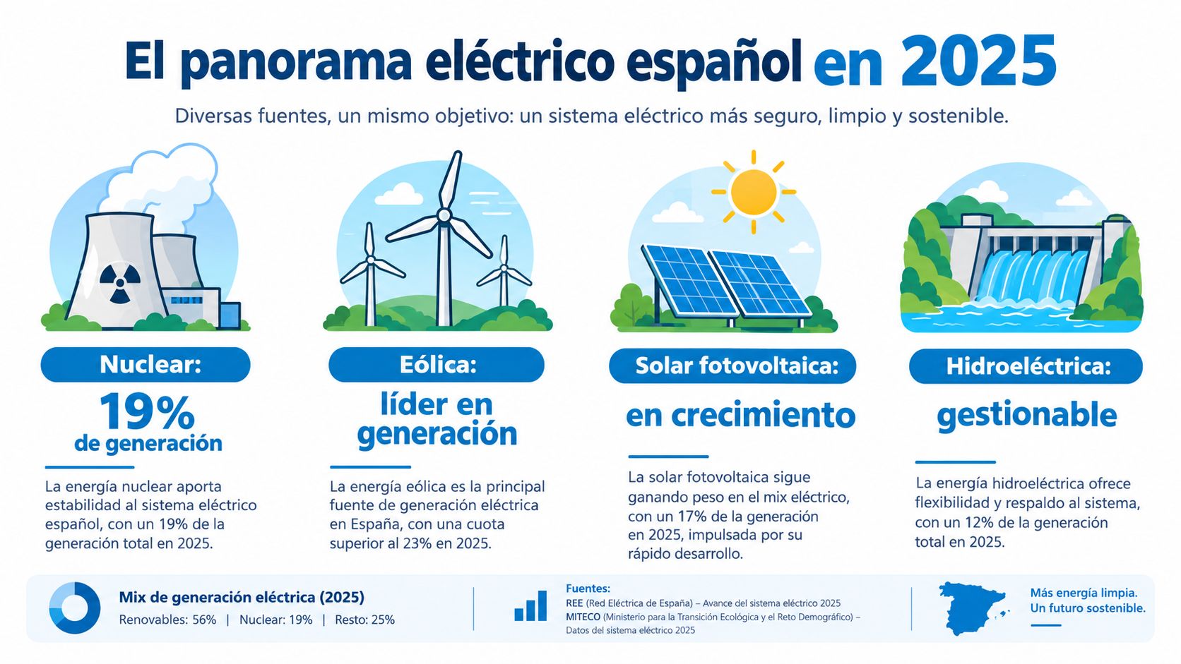 Infografía sobre el panorama eléctrico español en 2025, detallando fuentes de energía nuclear, eólica, solar e hidroeléctrica.