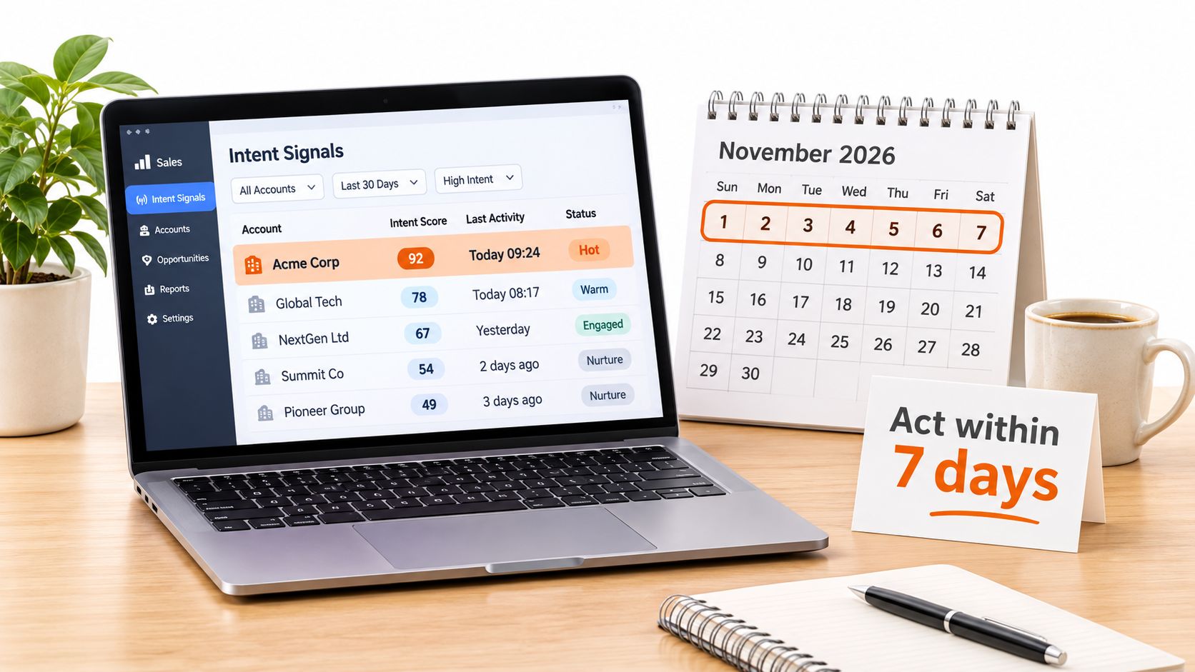 A modern laptop displaying sales intent data alongside a November 2026 calendar on a wooden desk.