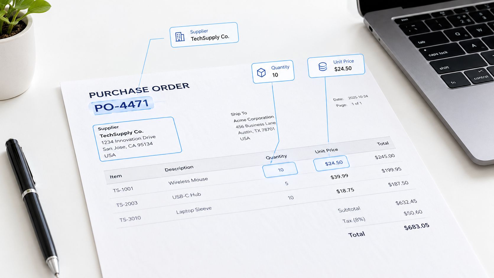 A close-up view of a printed purchase order document on a desk with a laptop and pen.