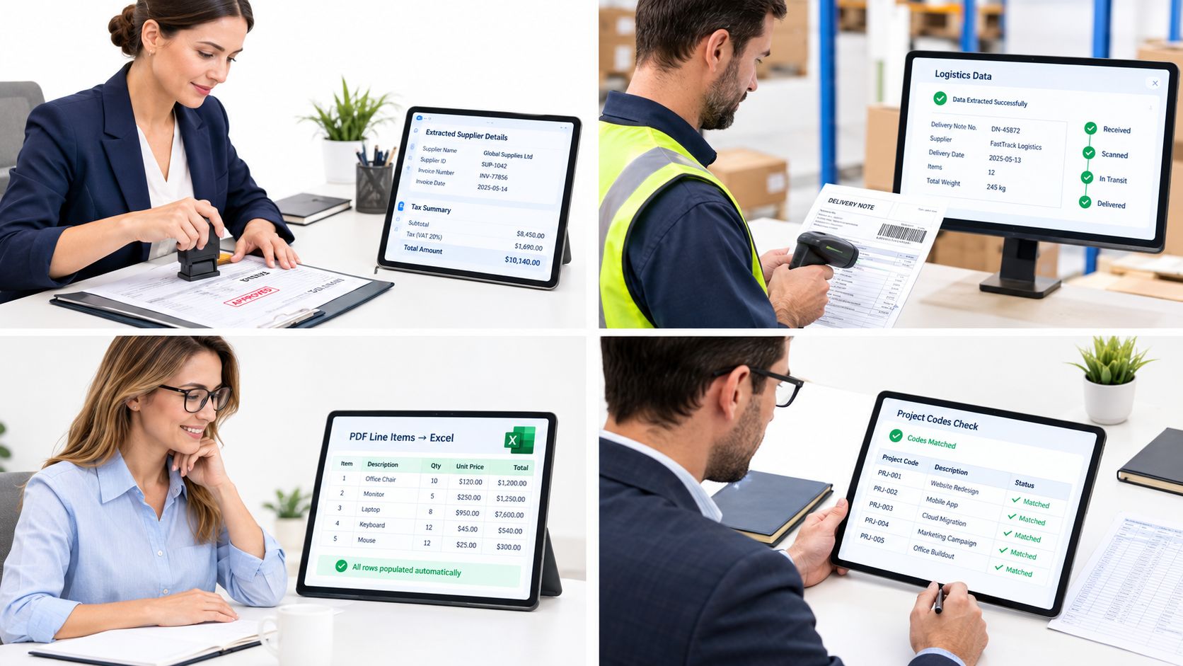 A collage showing business professionals using software to automate data entry, logistics tracking, and PDF document processing.