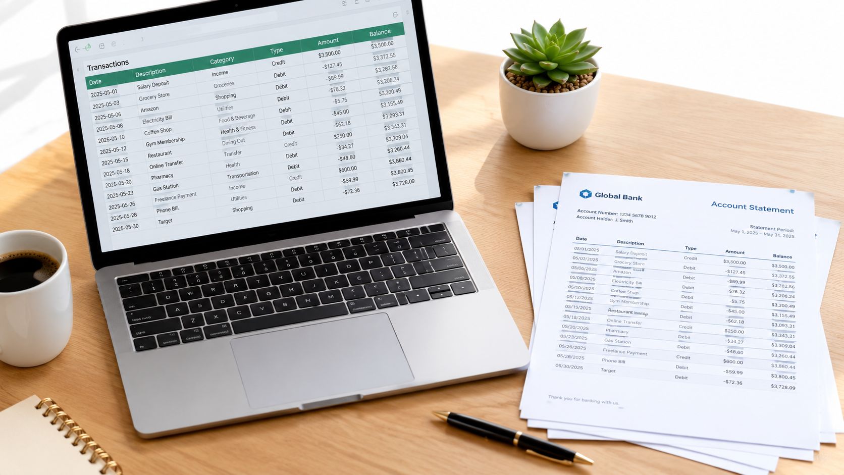 A laptop screen displaying financial transactions next to a printed bank statement on a wooden desk.