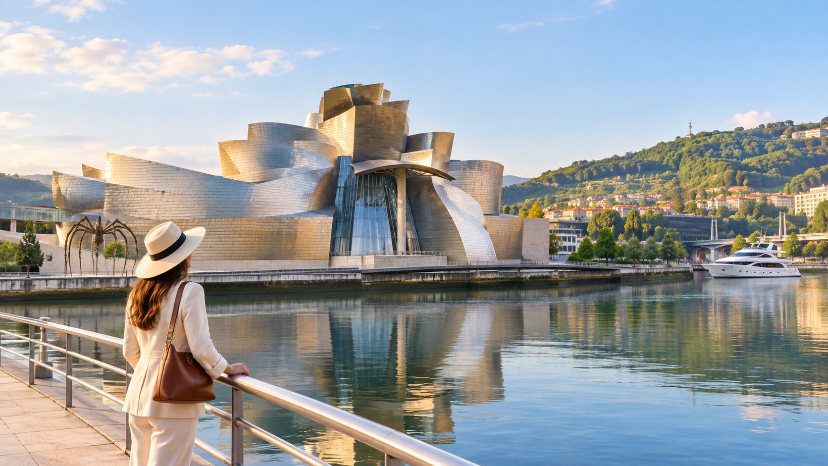 A woman wearing a hat looks at the iconic Guggenheim Museum Bilbao and a luxury yacht nearby.