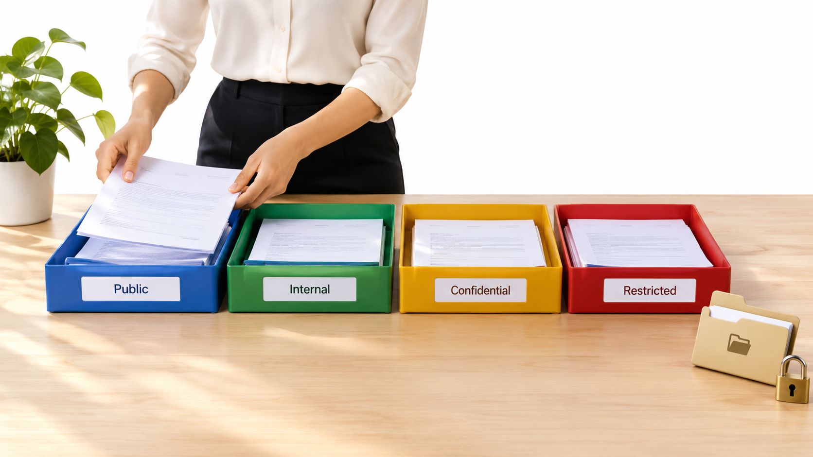 A person organizing business documents into colored trays labeled Public, Internal, Confidential, and Restricted on a desk.