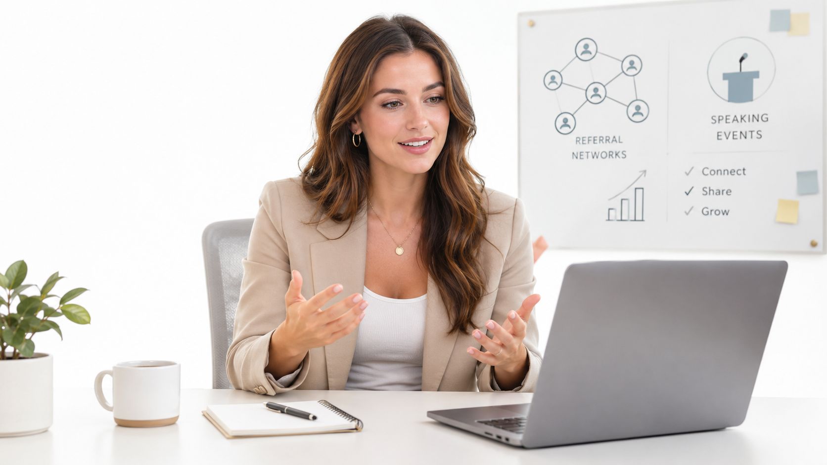 A professional woman in a beige blazer video conferencing on a laptop in a bright office setting.