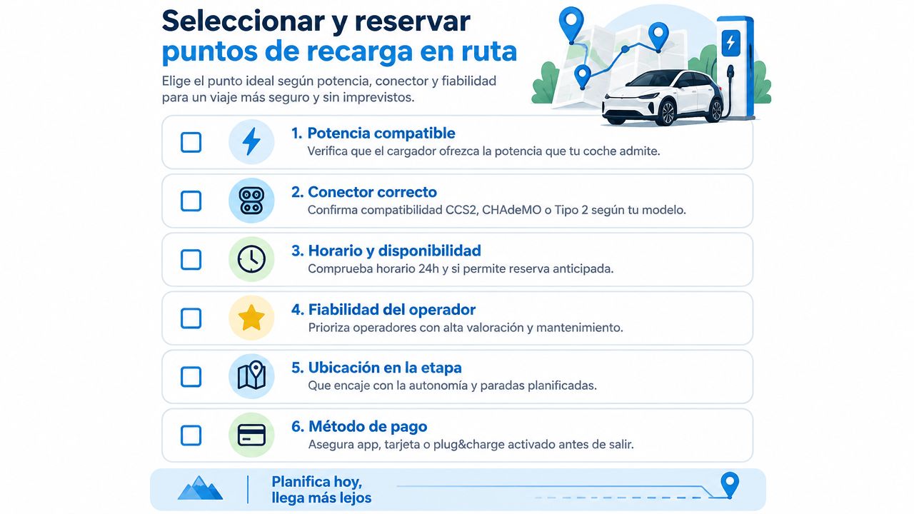 Infografía sobre cómo planificar y reservar puntos de recarga para coches eléctricos durante un viaje.