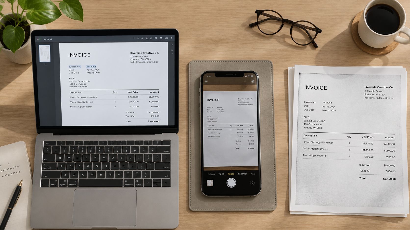 A professional workspace featuring a laptop, smartphone, and printed documents for efficient PDF invoice data extraction.