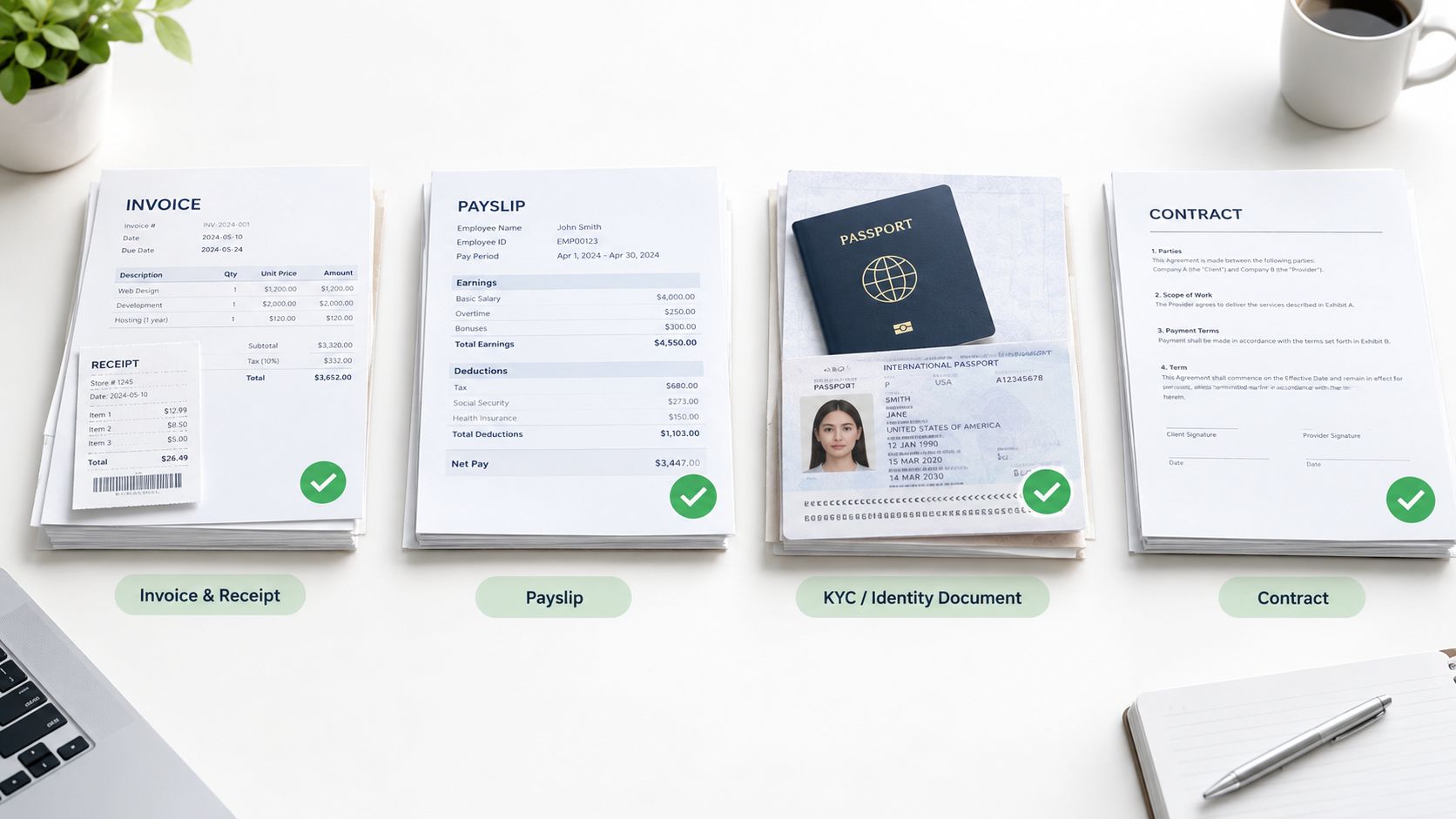 A flatlay of a workspace displaying an invoice, payslip, passport, and a signed contract document.
