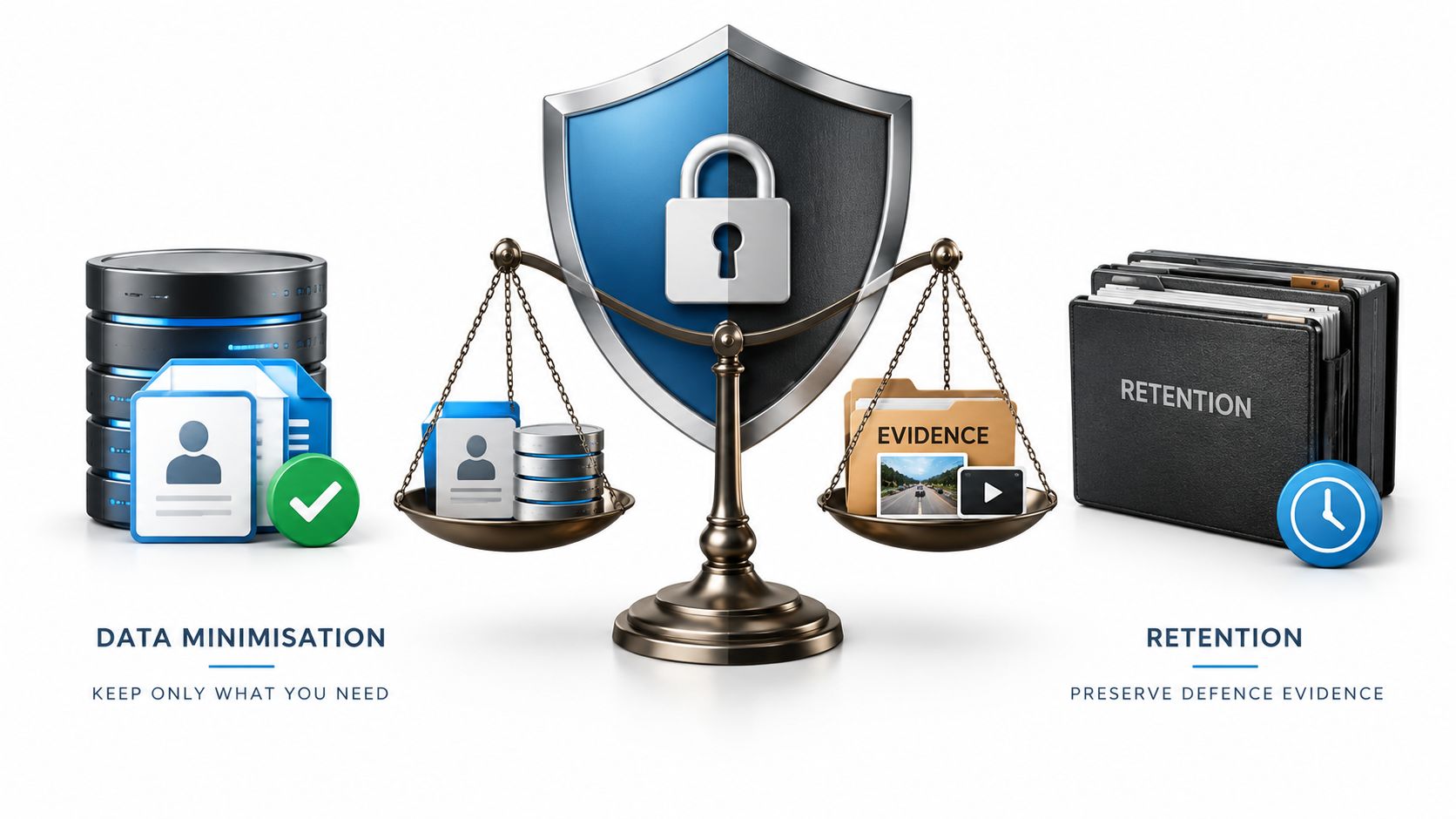 A visual representation of GDPR data compliance, balancing data minimisation and evidence retention under a secure shield.