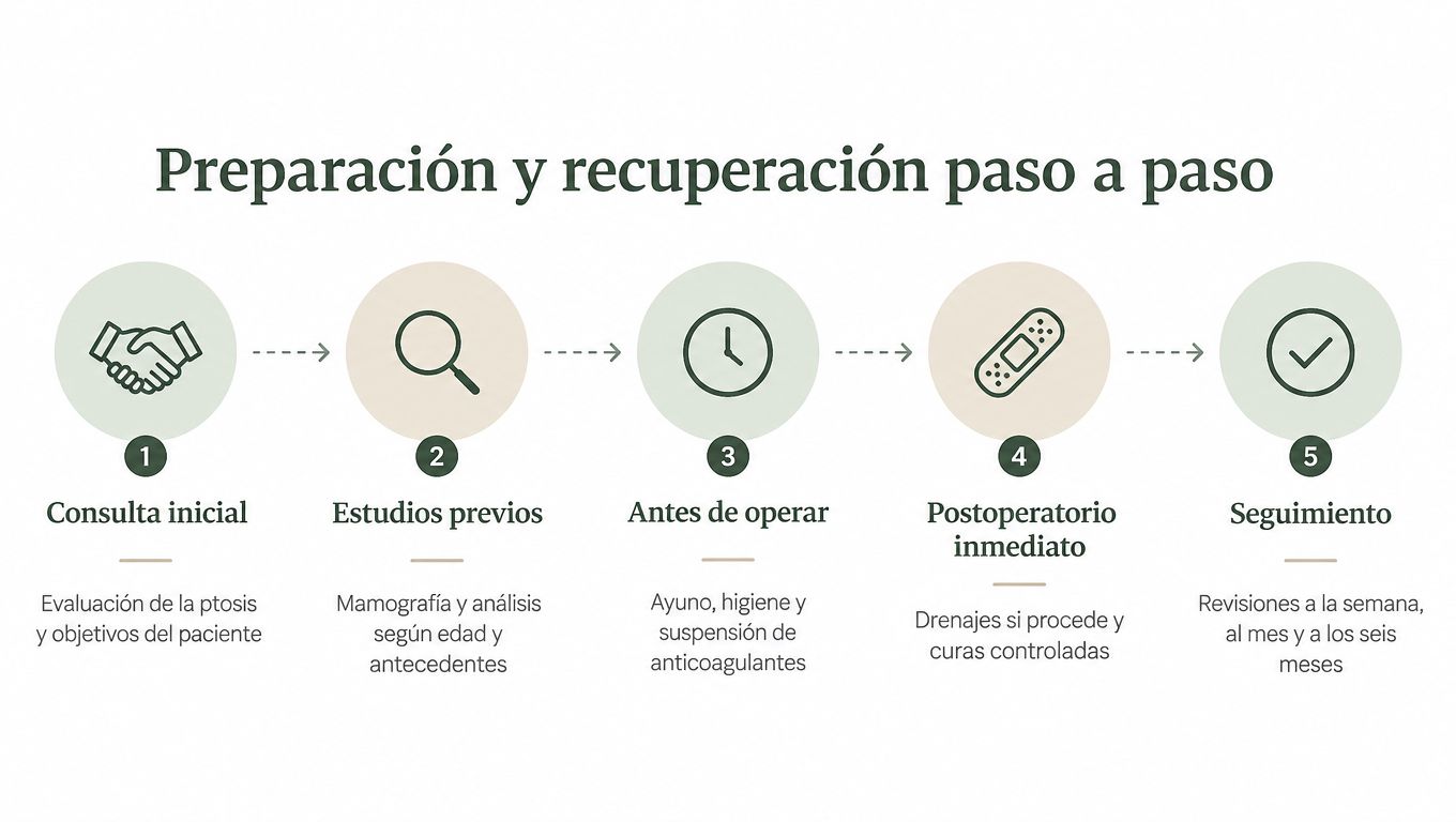 Infografía sobre el proceso paso a paso de preparación y recuperación para una operación de pechos caídos.