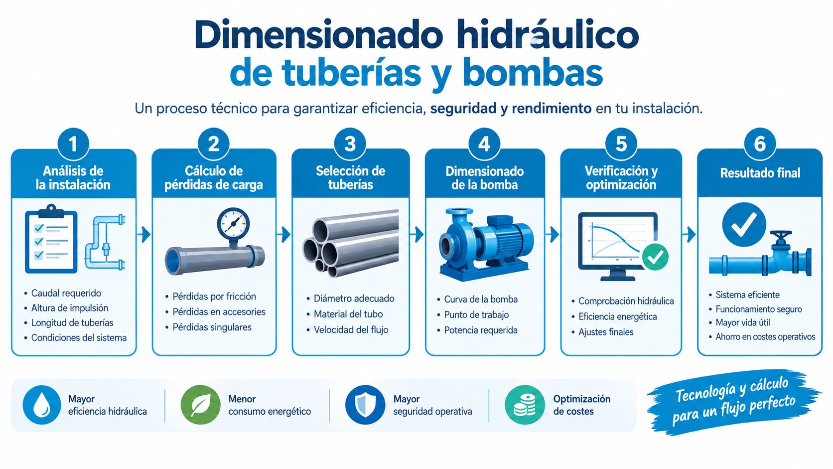 Diagrama de flujo que explica los seis pasos para el dimensionado hidráulico de tuberías y sistemas de bombeo.