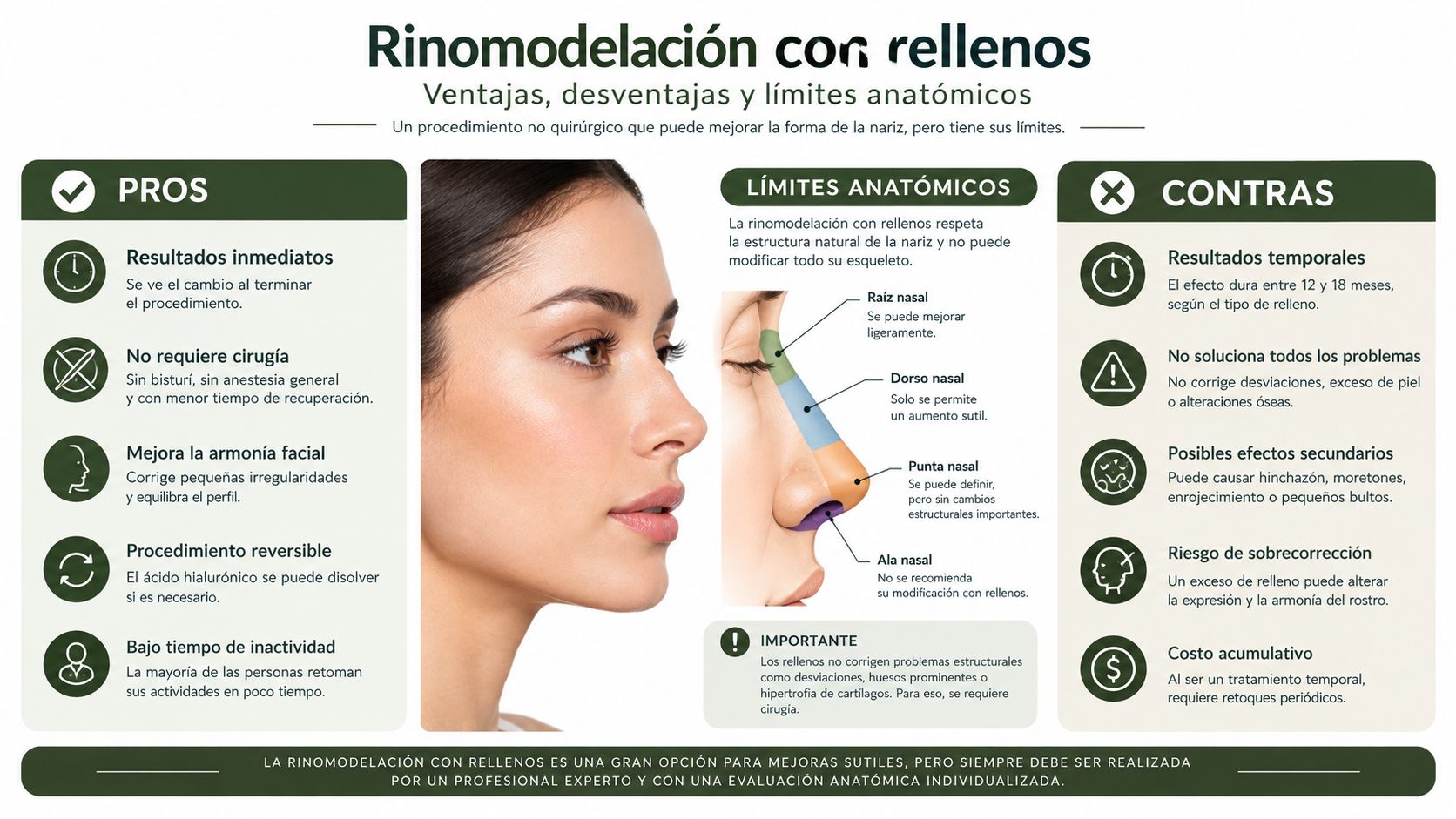 Infografía sobre rinomodelación con rellenos, mostrando sus pros, contras, límites anatómicos y beneficios del procedimiento no quirúrgico.