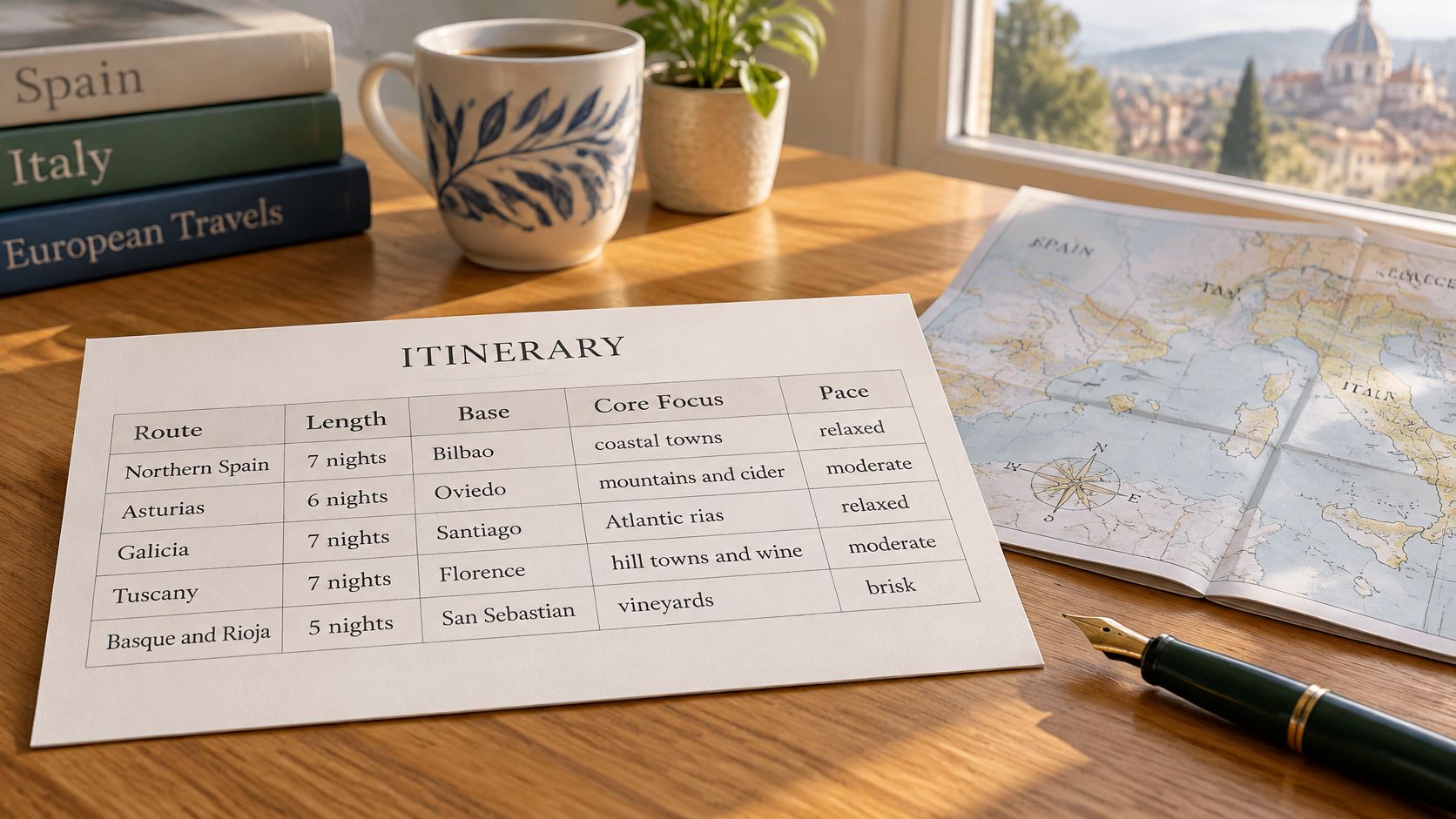 A travel itinerary table on a wooden desk with a map, a cup of coffee, and books.