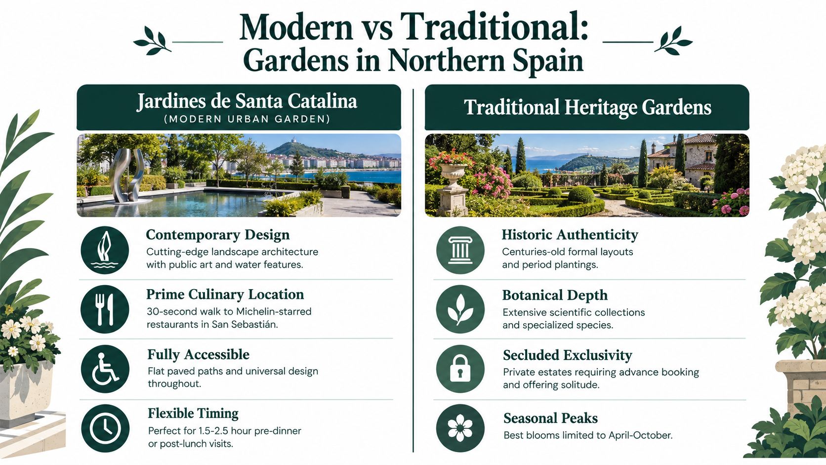 A comparison infographic showing modern Jardines de Santa Catalina versus traditional heritage gardens in Northern Spain.